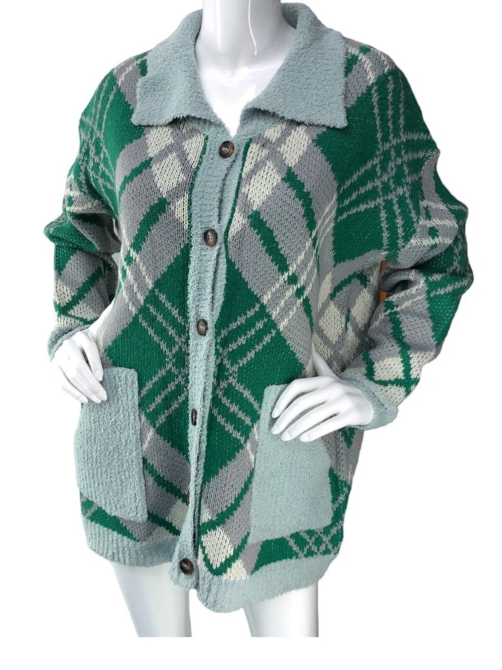 Umgee Green and Gray Plaid Button-Up Cardigan Sweater